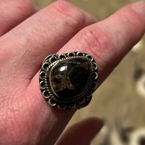 Vintage antique 925 sterling silver authentic Copper black obsidian ring size8.5